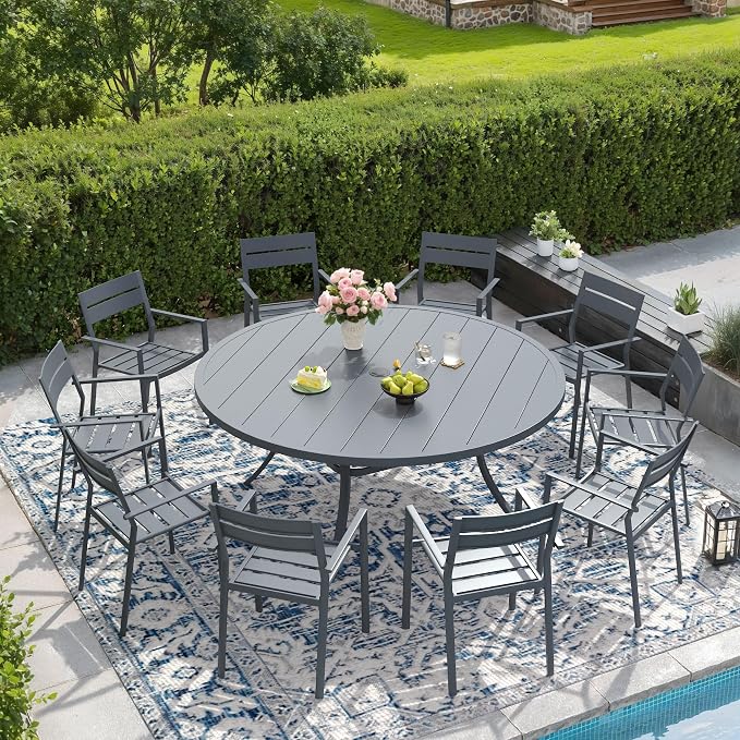 DIFY 11 Piece Outdoor Patio Dining Set for 10, Patio Table and Chairs Set with Umbrella Hole, 60" Round Dining Table and Stackable Metal Chairs for Backyard Garden Poolside, Grey