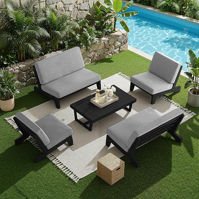 UIXE 7 Pieces Black Wood Patio Furniture Sets, 2 Patio Loveseat, 4 Patio Bistro Chair, All Weather Outdoor Sectional Sofa Furniture Backyard Conversation Set with Coffee Table - Gray