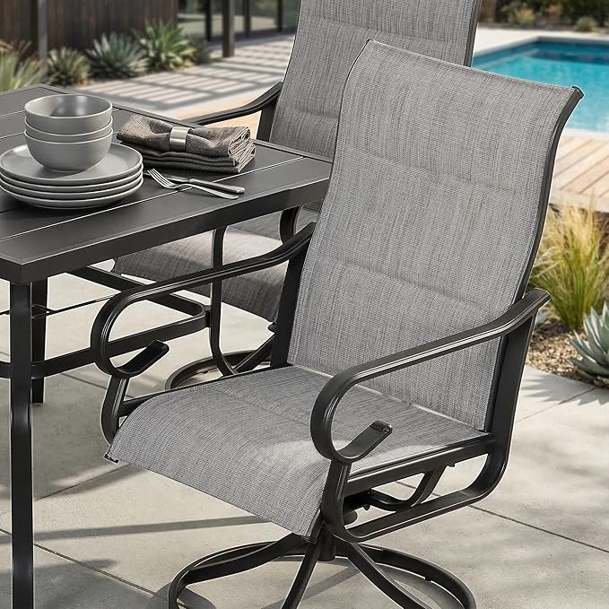 NUU GARDEN 5-Piece Padded Textilene Outdoor Dining Set, Slatted Outdoor Table and Chairs with Swivel Base, All Weather Patio Furniture Set with Umbrella Hole for Backyard, Garden, Light Gray