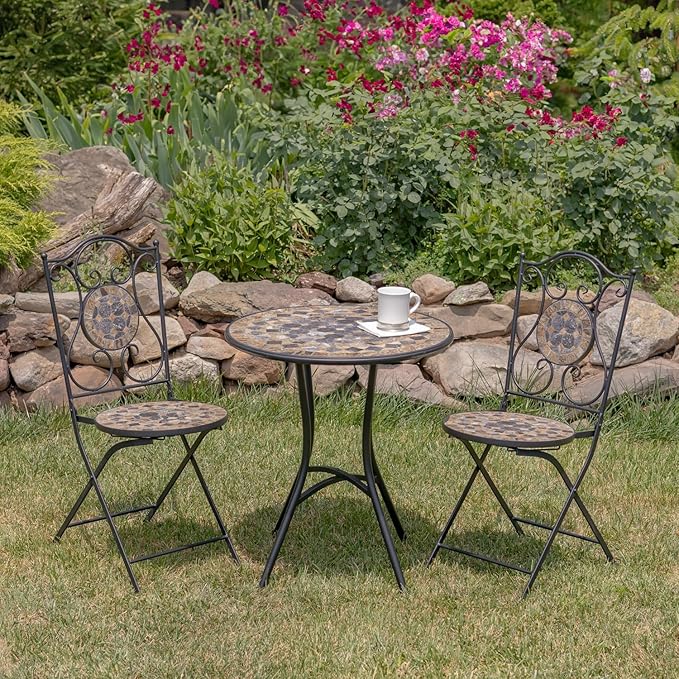 Zaer Ltd. Mosaic Tile Furniture with Black Metal Frame and Patterned Tile Tops (Medora - Black/Stone/Gray, Bistro Set (2 Chairs, 1 Table))