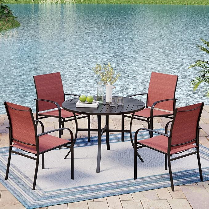 MIXPATIO Patio Table and Chairs Set for 4, 5 Pieces Outdoor Dining Set, 4 Red Textilene Chairs and 42" Metal Round Table with Umbrella Hole, for Deck Garden Backyard Lawn Poolside