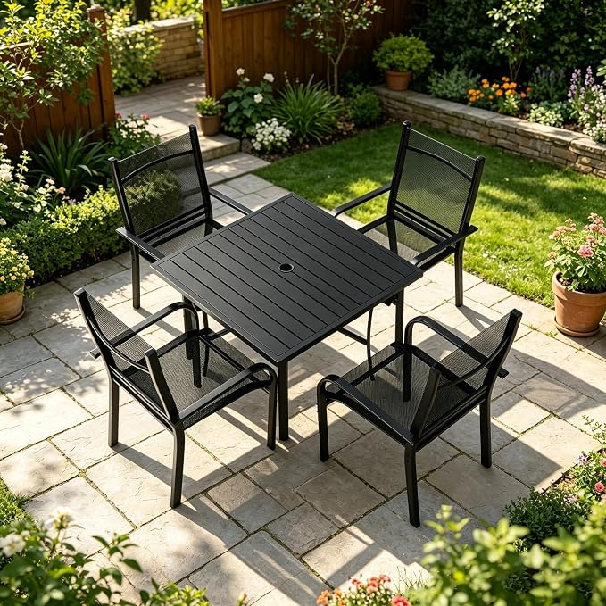 5 Pieces Outdoor Dining Table 36"x36" + Patio Dining Chair Set, Square Patio Dining Table and Chairs with Stable Metal Frame for Garden, Backyard and Porch, Umbrella Hole Design, Suitable for 4 People