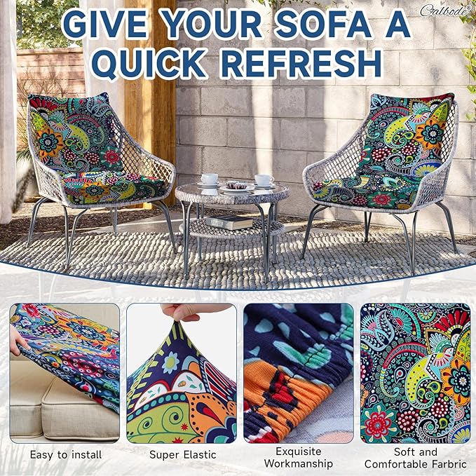 CALBODE 12Pcs Stretch Patio Cushion Cover, Boho Floral Couch & Sofa Slipcovers for Patio Furniture Cushions Washable Reusable Couch Covers Replacement for All Season, Breathable (Paisley, Cover Only)