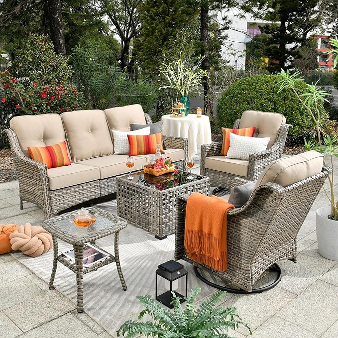 Patio Conversation Set,5 Pieces Wicker Patio Furnitures with Swivel Chair and Coffee Table,All Weather Patio Furniture Set for Garden,Backyard,Poolside and Patio,Beige