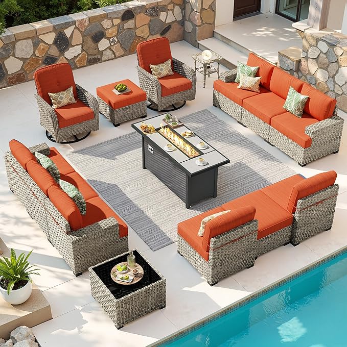 15-Piece Outdoor Sectional Sofa Set w/ 54" Fire Pit – L-Shaped Wicker Patio Furniture, Deep Seating & Swivel Rockers, Red
