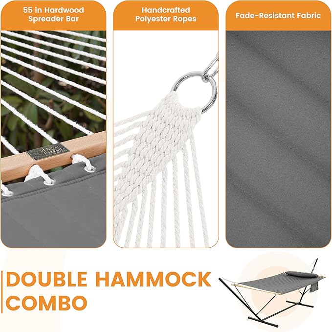 Lazy Daze Hammocks 2 Person Hammock with 12FT Stand for Outside, Quilted Double Hammock with Detachable Pillow, Balance Strap & Carrying Bag Included, 450lbs Capacity, Easy Tool-Free Assembly, Grey