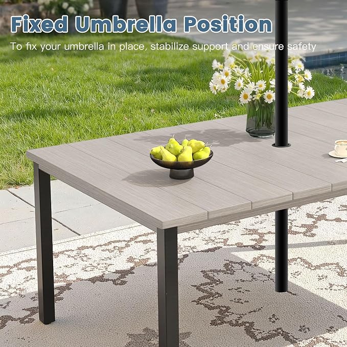 DIFY Outdoor Dining Set for 6, 7 Piece Patio Table and Chairs Set, Sandshell Textilene Swivel Patio Chairs & 63" Grey Wood-Like Rectangle Metal Dining Table with Umbrella Hole, for Garden Backyard