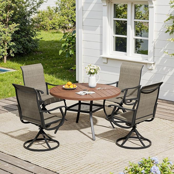 VICLLAX 40.6" Round Outdoor Table, Patio Dining Table for 4 with Umbrella Hole for Garden Lawn Deck Backyard, Walnut