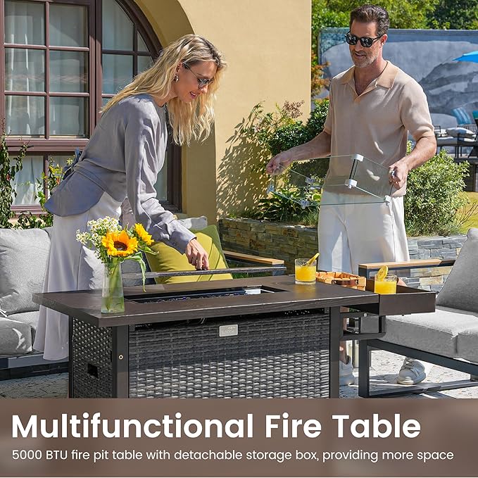 Sundale Outdoor Aluminum Patio Furniture Set, 5 Piece Outdoor Conversation Sets with Fire Pit and 6" Thick Olefin Cushions, All Weather Outdoor Sectional Set for Deck, Lawn, Yard (Grey)
