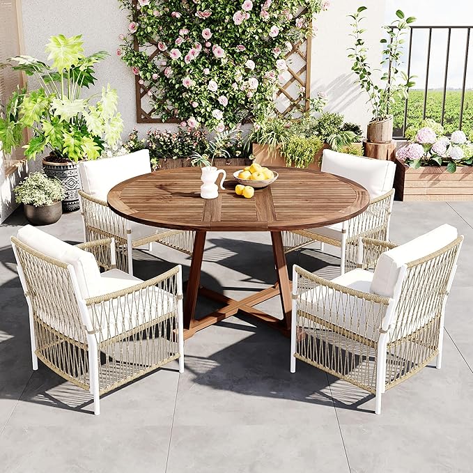 Merax Outdoor Dining Table Set, 5-Piece Outdoor Dining Table Sets with 4 Rattan Arm Chairs Patio Extendable Wooden Foldable Round Kitchen Table Set for Lawn, Deck, Backyard, Natural