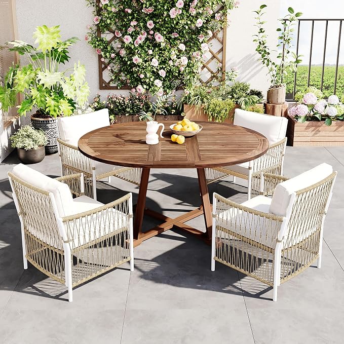 VilroCaz 5-Piece Outdoor Patio Dining Set, All-Weather Acacia Wood Extendable Round Dining Table with 12inch Butterfly Leaf and 4 Rattan Arm Chairs for Backyard, Balcony, Garden, Poolside