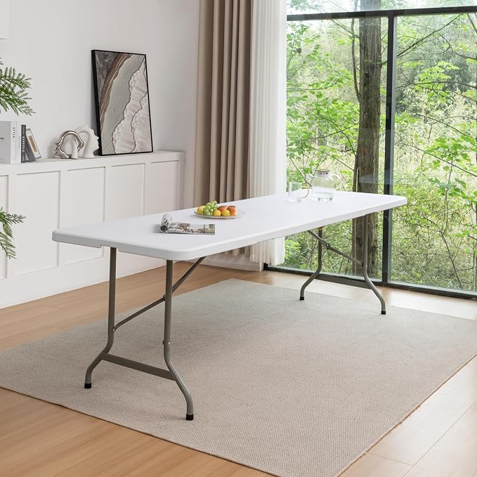 BTEXPERT Set of 10, 8 Foot Plastic Folding Table Portable 96" Long Table for Indoor Outdoor Events Banquet Dining Party Rectangular Carrying Handle 30" Wide, 29" High White