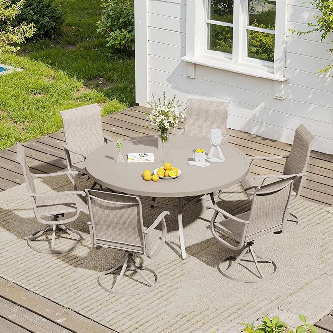 VICLLAX 7 Pieces Outdoor Dining Set, Patio Furniture Set of 6 Patio Swivel Dining Chairs and 50" Patio Round Table, Sandshell Chairs & Sandshell Tabletop