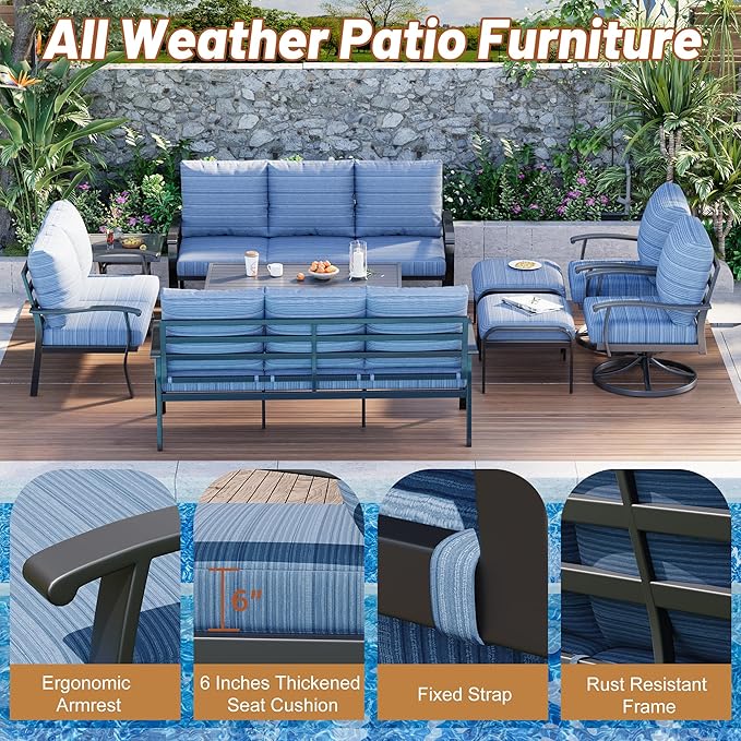 HOMREST 9 PCS Outdoor Patio Furniture Set with 2 Swivel Rocking Chairs and Metal Coffee Side Table, Patio Conversation Set with 2 Ottomans and 2 3-Seat Sofas, Loveseat for Big Garden, Deck, Poolside