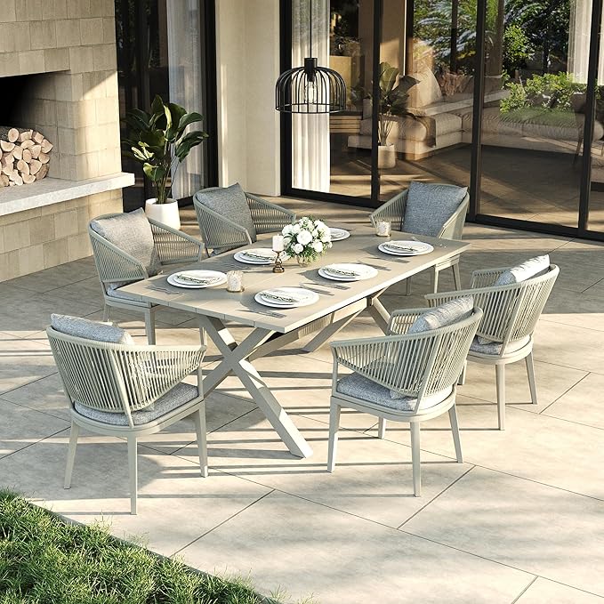 LayinSun 7 Piece Outdoor Dining Table Set, Aluminum Modern Rectangular Dining Table and All-Weather Wicker Chairs Set for Patio Deck Indoor Decor Kitchen