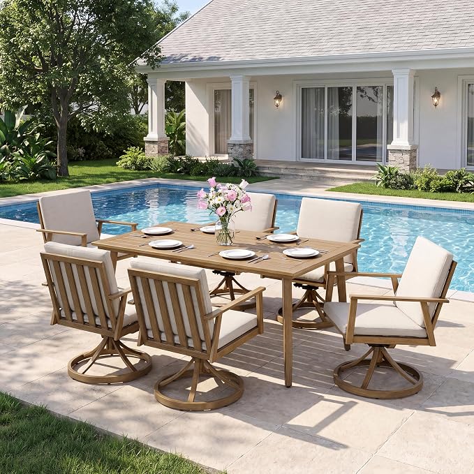 7 Pieces Patio Dining Set for 6, Aluminum Outdoor Dining Table Sets with Umbrella Hole, Modern Outdoor Patio Furniture Set with 6 Swivel Chairs and Table for Backyard, Poolside and Deck,Teak