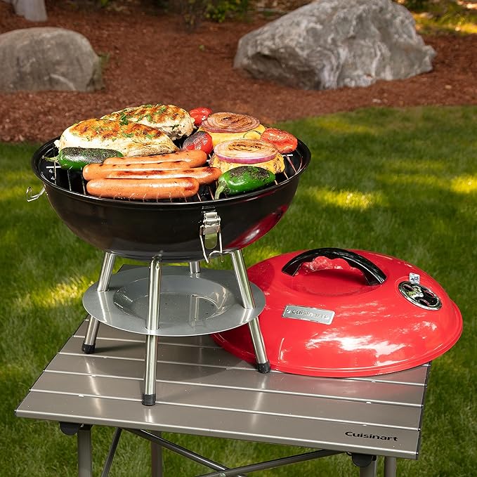 Cuisinart CCG190RB Inch BBQ, 14" x 14" x 15", Portable Charcoal Grill, 14" (Red) & CGS-W13 Wooden Handle Tool Set, Black (13-Piece)