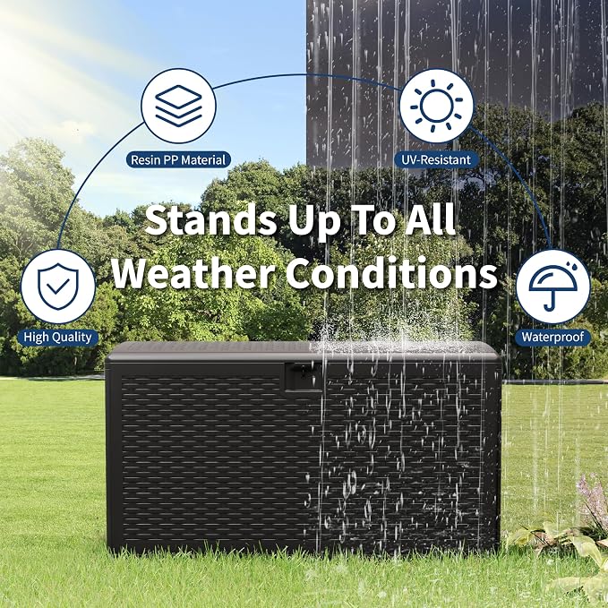 Garvee 73 Gallon Waterproof Large Resin Deck Box Indoor Outdoor, Lockable Storage Container for Patio Furniture Tools, Waterproof Deck Box Patio Storage Bin for Pool Garden, Black