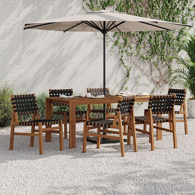 Christopher Knight Home Balew Acacia Wood Patio Dining Set for 6, Solid Wood Outdoor Dining Table Set for 6, 7 Piece Outdoor Dining Set with Rectangular Table and Woven Rope Accents, Teak+Black
