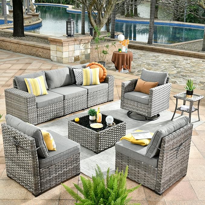 HOOOWOOO Outdoor Patio Sectional Furniture Sofa Set with Swivel Rocking Chair,8 Piece Modern Wicker Couch with Widened Armrest,Modular Conversation Seating Set for Garden(Dark Grey)