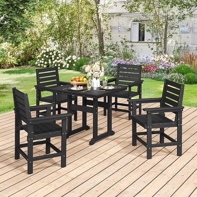COMPISA 5 Piece Outdoor Dining Set, HDPS Patio Table and Chairs Set, 35" Patio Table with 1.96" Umbrella Hole & 4 Chairs, All Weather Furniture for Garden, Backyard, Poolside (Black)