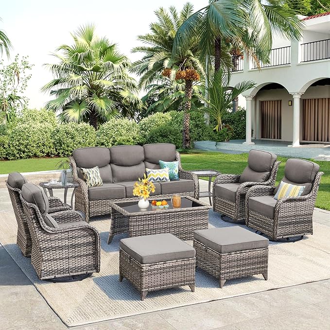 Luxury 10 Pieces Patio Furniture Set, Wicker Swivel Rocker Patio Chairs with 6" Thick Cushion, Outdoor Wicker Sofa with Coffee Table, All Weather Outdoor Conversation for Garden Porch(Grey/Grey)