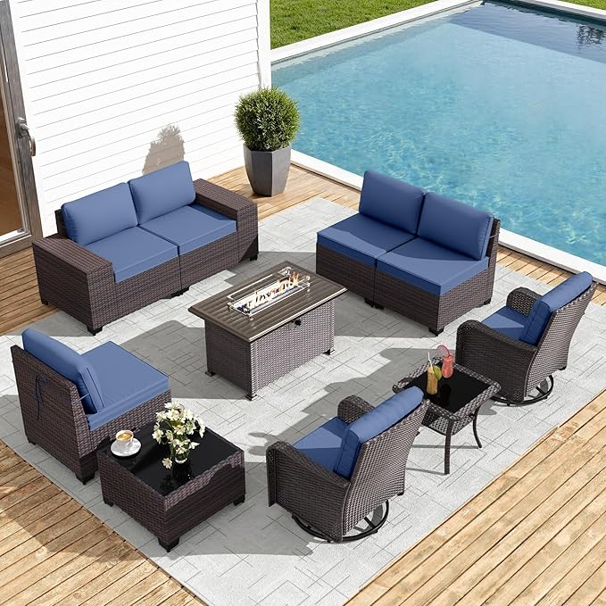 Gotland 10 Pieces Patio Furniture Set with 2 Swivel Rocking Chairs 1 Fire Pit Table, Patio Furniture in 4 Combinations with 1 Coffee Table Wide Armrests 29.5'' High Backrest, for Deck Garden Pool Navy