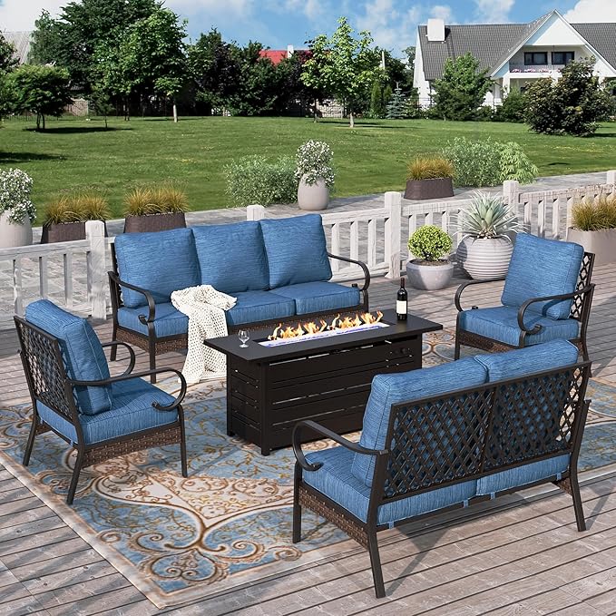 HERA'S HOUSE 5 Piece Metal Patio Furniture set with 56" Fire Pit Table, All Weather Outdoor Conversation Set, 3 Seat Sofa with Loveseat, 2 Fixed Chair, Seats 7 for Backyard, Garden, Deck, Pacific Blue