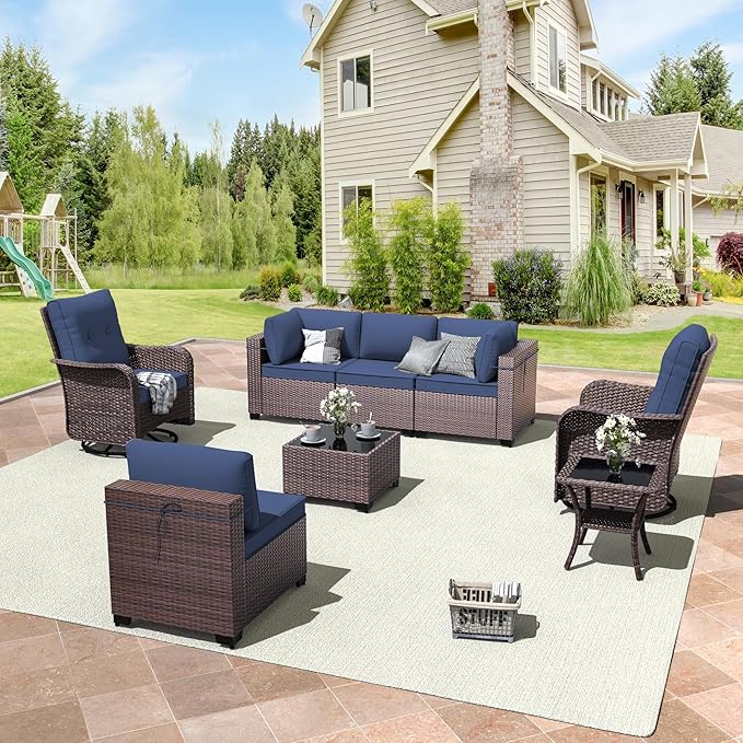 ALAULM 8 Pieces Patio Furniture Set with 2 Swivel Chairs Wicker Patio Conversation Set, Outdoor Sectional Furniture w/Coffee Table & Washable Seat Cushions-Dark Blue