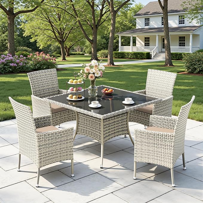 Outdoor Dining Set, 5-Piece Patio Furniture Set with Tempered Glass Table and 4 Cushioned Chairs, Dual-Strand Wicker Rattan, Balcony Furniture for Backyard, Garden, Deck,– Beige