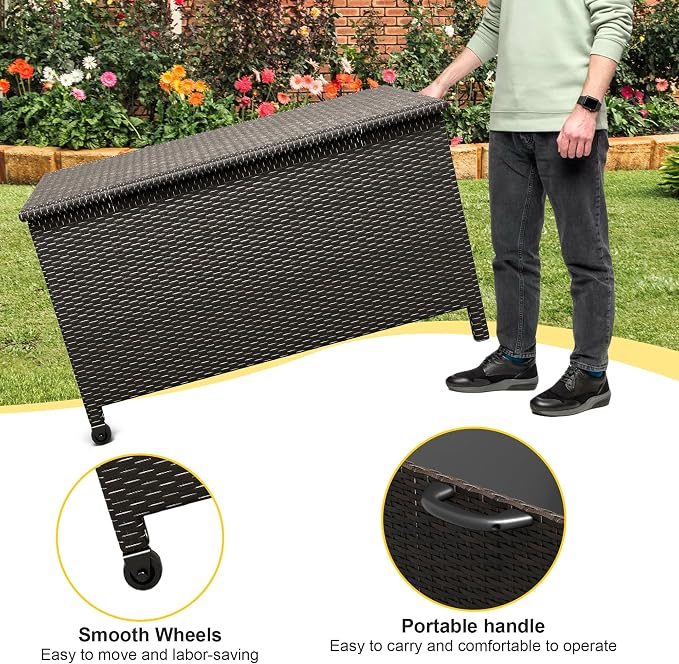 IDEALHOUSE 125 Gallon Outdoor Storage Deck Box with Wheels, Waterproof PE Rattan Garden Storage Chest for Patio, Balcony, Poolside, and Backyard, Portable Storage Container with Handles, Brown