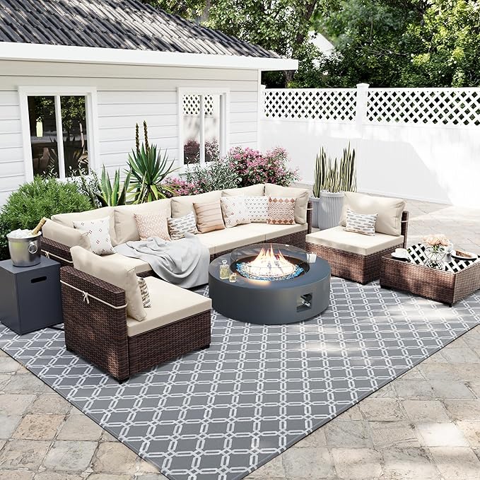 UPHA 9 Pieces Patio Furniture Sets, Wicker Outdoor Sectional Sofa Couch with Round Propane Pit for Deck Backyard Garden, Brown Rattan, White Cushion