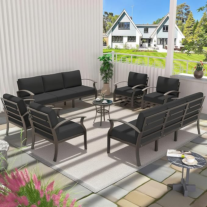Aluminum Patio Furniture Set Patio Conversation Set,10 Seats Metal Modern Outdoor Furniture w/5.1" Cushions,Patio Sectional w/Swivel Chairs for Patio,Backyard,Dark Grey