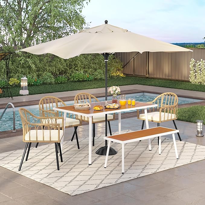 YITAHOME Outdoor Patio Dining Set 6 pcs 59" Outdoor Table and Chairs Patio Dining Furniture Sets for 6 with Chairs & Table & Bench Outdoor Dining Table Set for Garden Lawn Porch Indoor