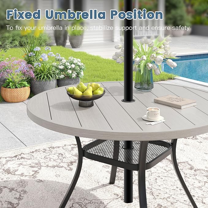 DIFY 7 Pieces Outdoor Patio Dining Set for 6, 47.2" Grey Wood-Like Round Metal Dining Table and 6 Sandshell Stackable Textilene Patio Chairs, Outdoor Table and Chairs for Backyard Garden Poolside