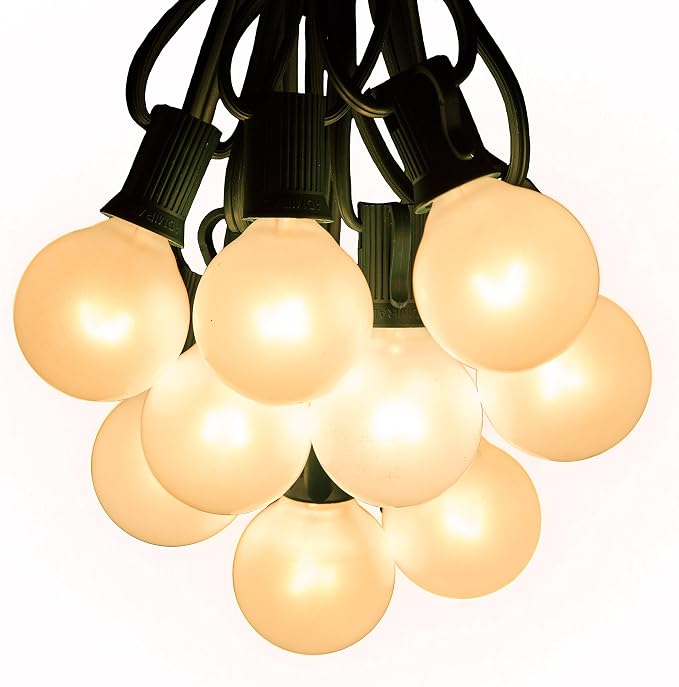 G40 White Pearl Outdoor Patio Globe String Lights (100 Foot - Green Wire) | G40 Frosted White Pearl 1.6" Bulbs