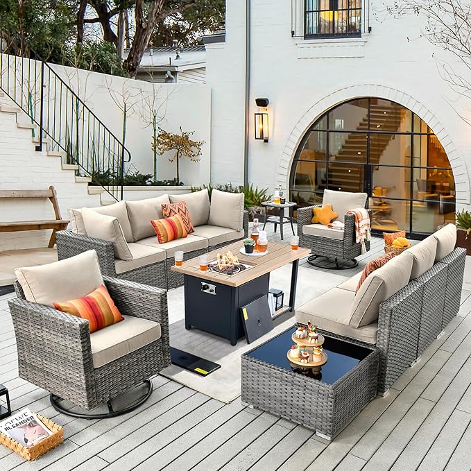 11 Piece Outdoor Patio Furniture Set with 46" Fire Pit Table, Wicker Sectional Conversation Set Whit Swivel Chairs,Modern Outside Sofa for Balcony Backyard(Beige)