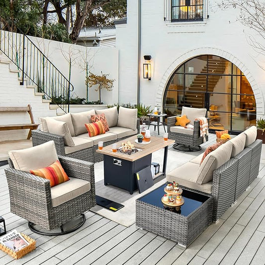 11 Piece Outdoor Patio Furniture Set with 46" Fire Pit Table, Wicker Sectional Conversation Set Whit Swivel Chairs,Modern Outside Sofa for Balcony Backyard(Beige)