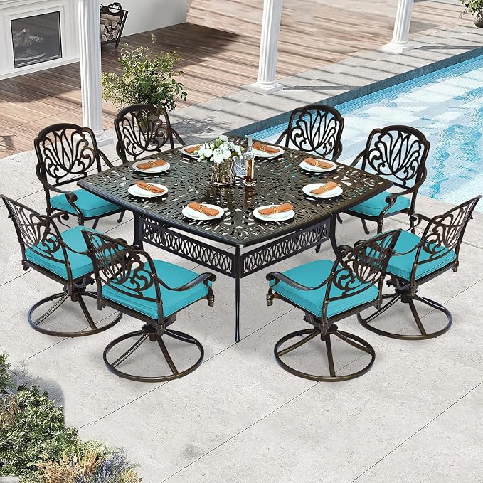 9 Piece Outdoor Patio Dining Set for 8, Cast Aluminium Large Square Dining Table & 4 Swivel Rocker Chairs, 4 Stationary, 8 Cushions, Umbrella Hole, Patio Furniture Set for Garden, Ocean Blue
