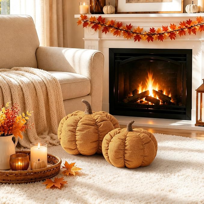 AELS Pumpkin Throw Pillows Set of 2, 14" & 10" Burnt Orange Fall Pillows | for Couch Sofa Bed Living Room Home Decor, Farmhouse Textured 3D Fall Halloween Thanksgiving Decorative Accent Pillows