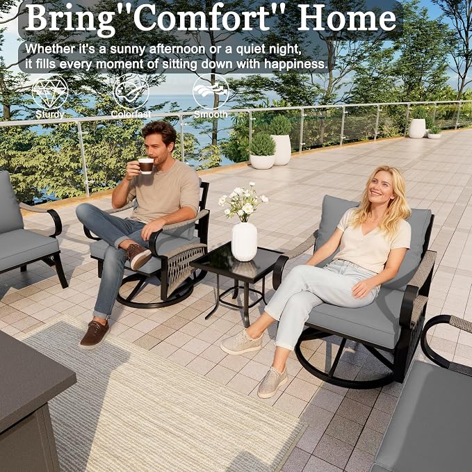 10-Piece Outdoor Furniture Set, Metal Swivel Rocking Chairs with All-Weather Cushions, Patio Conversation Set with Fire Pit Table for Deck, Porch, Garden, Backyard, Poolside (Gray Cushions)