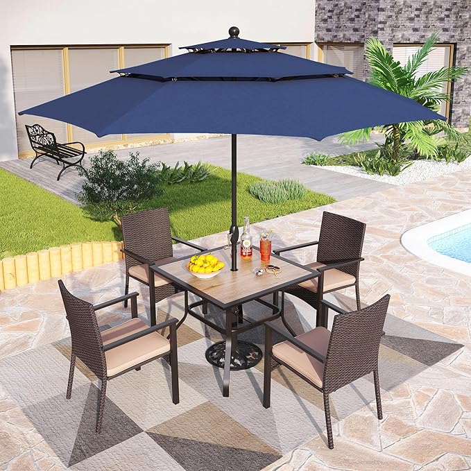 PHI VILLA 5 Pieces Outdoor Dining Set with Umbrella for 4, 37" Square Metal Polywood Table & Cushioned Wicker Rattan Chairs & 10ft Red Umbrella Furniture for Patio, Deck, Yard, Porch