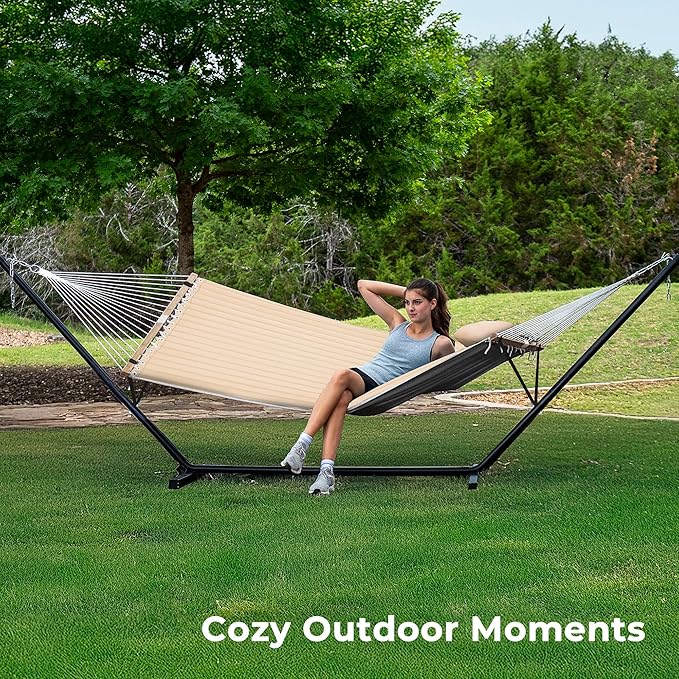 SUPERJARE Hammock with Stand, 2 Person Quilted Outdoor Hammock, Detachable Pillow & Bamboo Spreaders, Portable Hammock with Carrying Bag, Heavy Duty Stand, Perfect for Outside, Patio, Beige