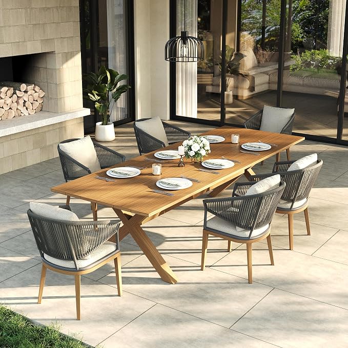 LayinSun 7 Piece Outdoor Dining Table Set, Aluminum Modern Rectangular Dining Table and All-Weather Wicker Chairs Set for Patio Deck Indoor Decor Kitchen