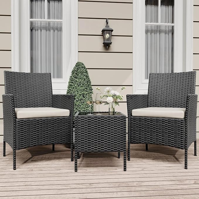 3-Piece Wicker Patio Sofa Set All-Weather Rattan Conversation Set with Cushions and Glass Coffee Table for Garden Porch Lawn