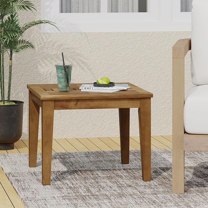 Hampton Outdoor Acacia Wood Side Table 20" W x 20" D x 15.75" H for Patio Small Space: Holds 300 lbs Rain or Shine - Low Profile Design - No Assembly Hassle