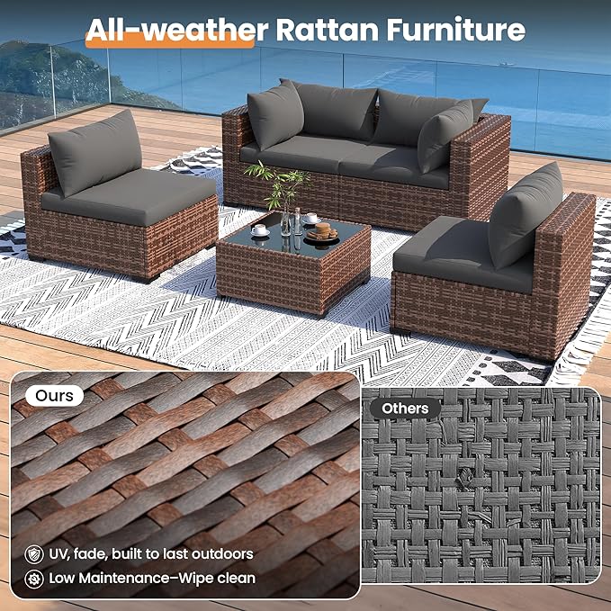 UDPATIO Patio Furniture Set with Fire Pit Table, 5 Piece Outdoor Sectional Sofas, All-Weather Wicker Conversation for Garden, Backyard, Grey