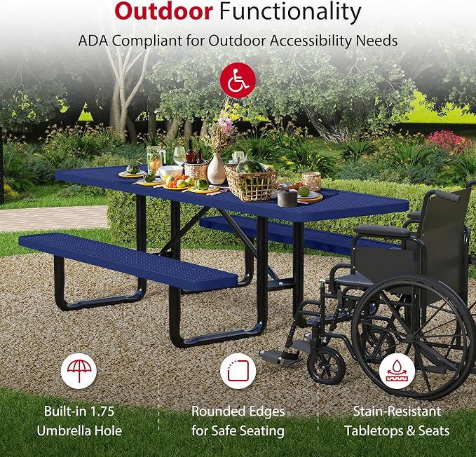 Leisure Craft Metal Picnic Table with Bench - 8 ft Rectangle Outdoor Dining Table with Umbrella Hole, Heavy Duty Thermoplastic Coating, ADA Compliant, Commercial Grade Furniture Made in USA - Navy
