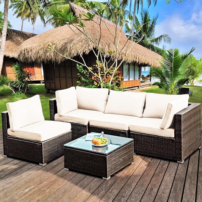DORTALA 5 Pieces Patio Furniture Set, Outdoor Rattan L-Shaped Corner Sofa Set with Cushions, Coffee Table, Patio Sectional Conversation Set for Backyard Porch Garden Poolside, White