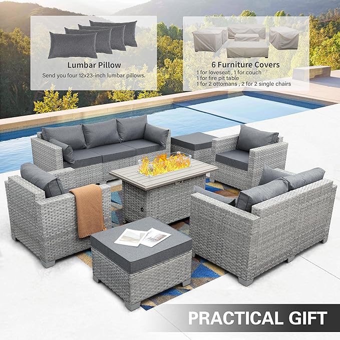 WAROOM Patio Furniture Set 7 Piece Grey Wicker Outdoor Conversation Sets PE Rattan Sectional Sofa with Propane Fire Pit Table and Anti-Slip Grey Cushion
